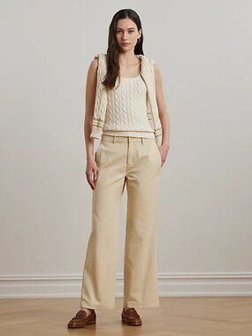 $165 Lauren Ralph Lauren Cotton Twill Wide-Leg Pant Ivory Beige Size 12